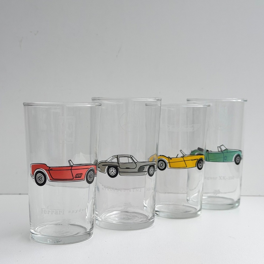 Vintage Mobil Oil Sports Car Drinking Glass Set Ferrari Mercedes Jaguar